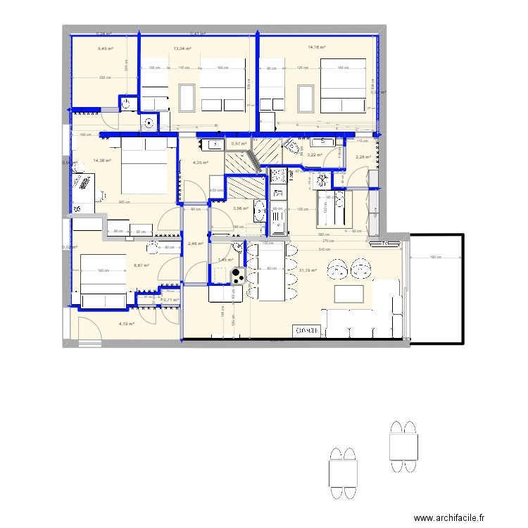 Plan projet meublé du 20 juin 2025. Plan de 21 pièces et 110 m2