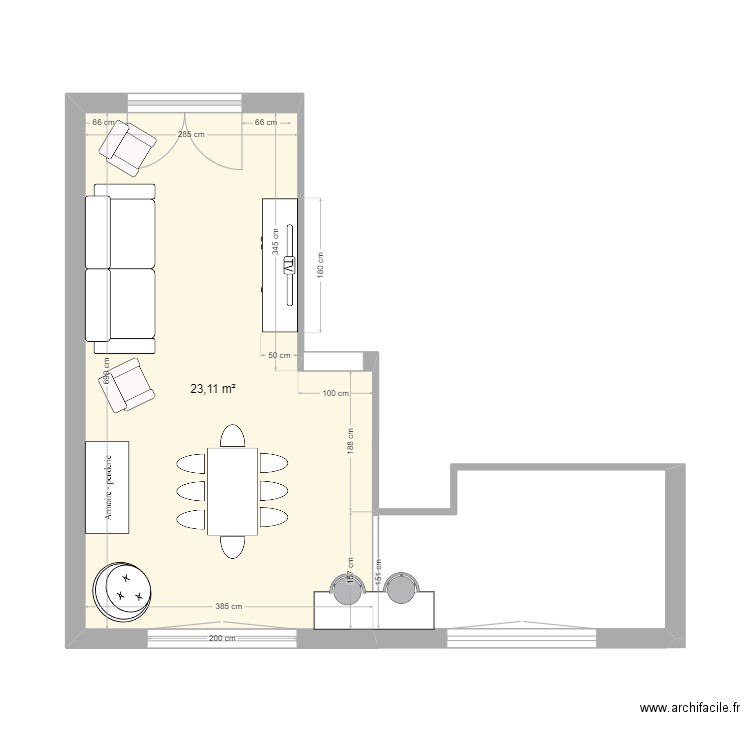 Salon + SàM HC. Plan de 1 pièce et 23 m2