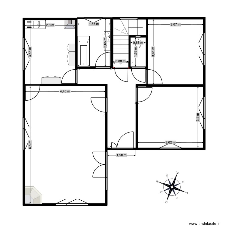 RDC. Plan de 4 pièces et 51 m2