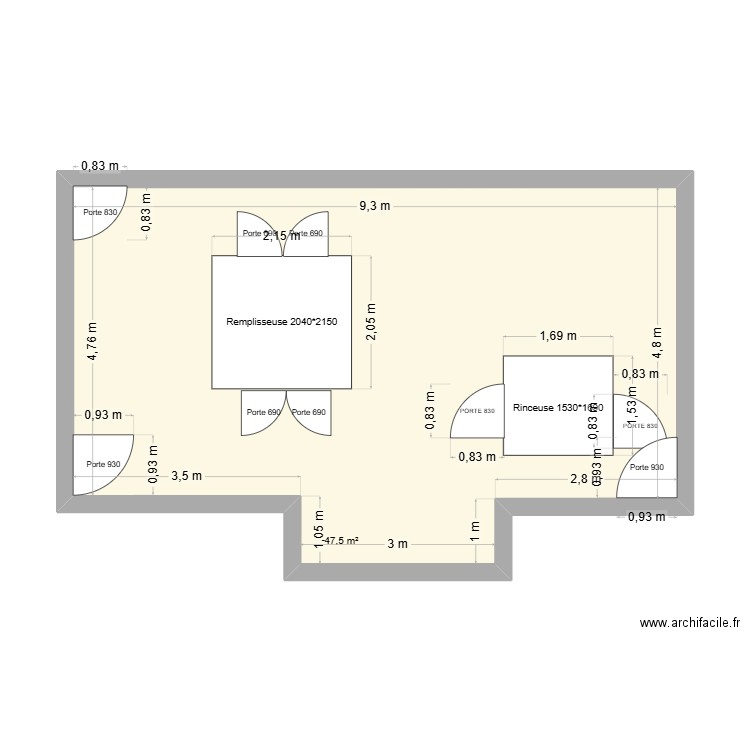 tireuse. Plan de 1 pièce et 48 m2