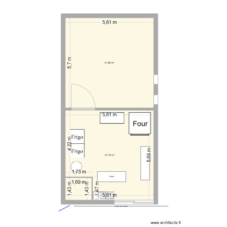 fournil. Plan de 2 pièces et 64 m2