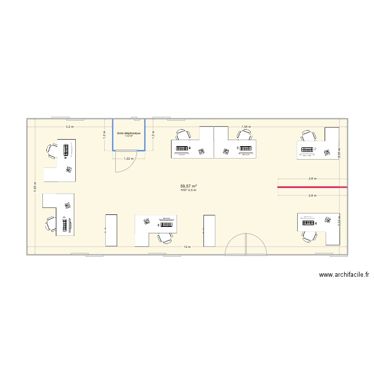 Considération client Aile NORD - R+2  vierge. Plan de 2 pièces et 61 m2