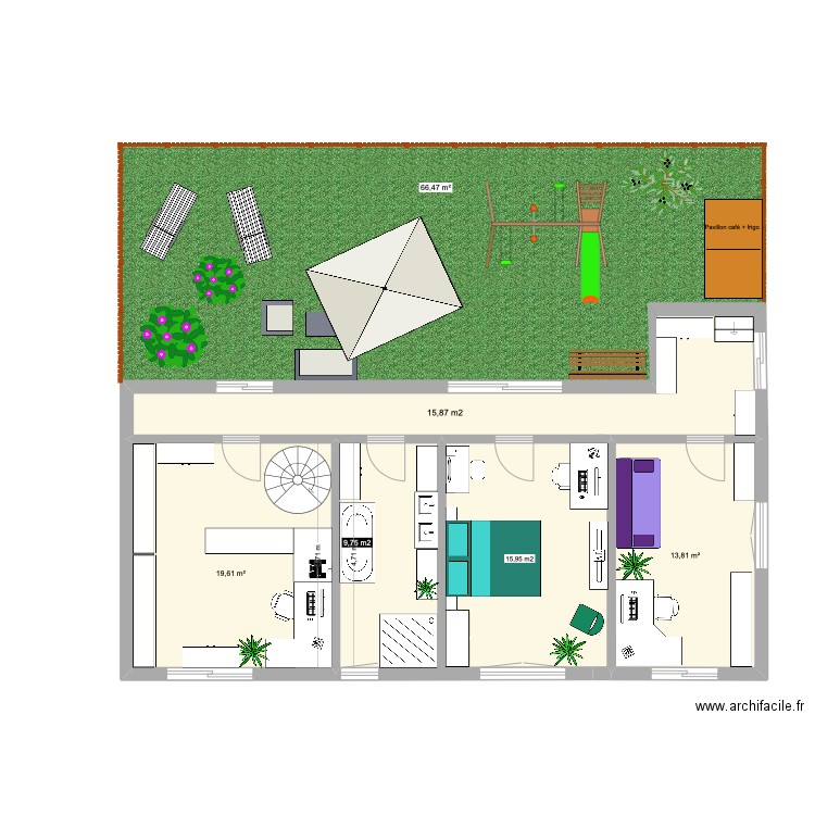 Plan raisonnable - étage 1 avec terrasse. Plan de 3 pièces et 74 m2