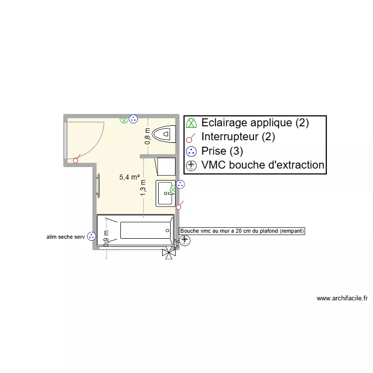salle de bain etage. Plan de 1  et 5 m²