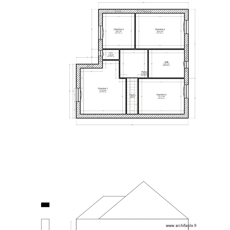 façade SUD. Plan de 12 pièces et 150 m2
