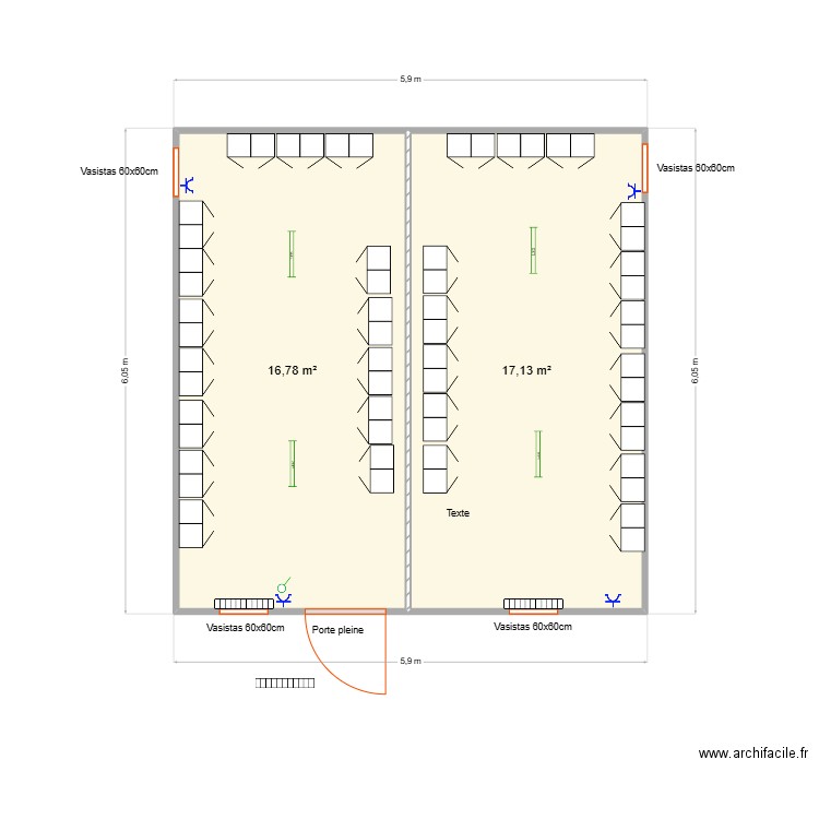 Ronveaux SA Vestiaire. Plan de 2 pièces et 34 m2