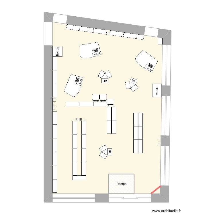 magasin +. Plan de 2 pièces et 64 m2