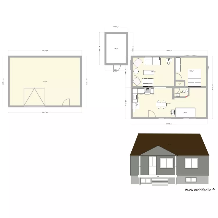 Fa&ccedil;ade_pignon. Plan de 8  et 111 m²