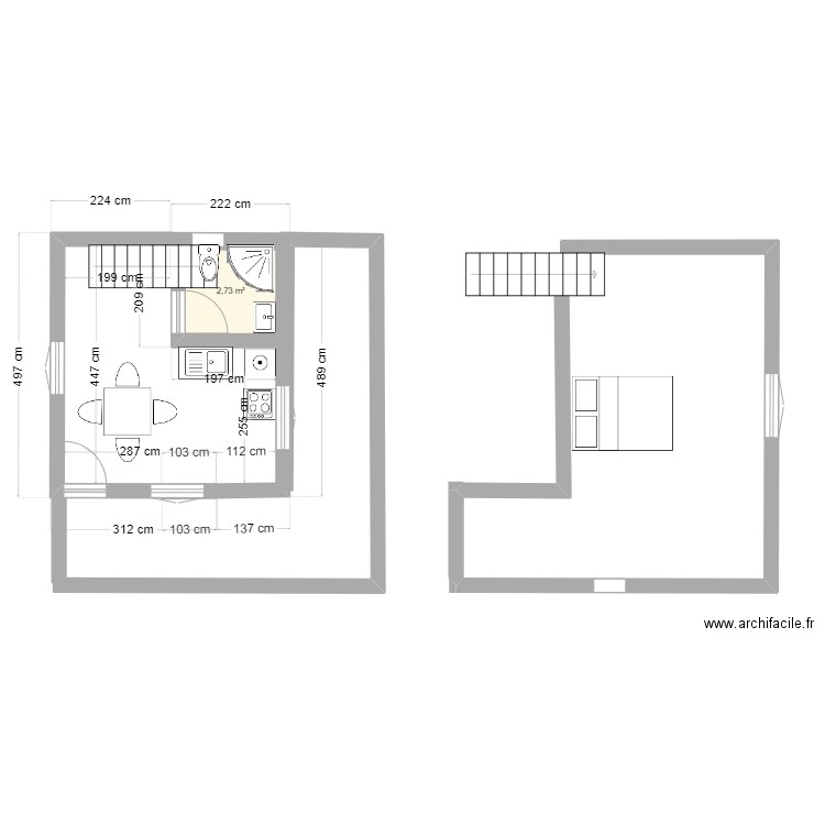 bungalow mezzanine terrasse L. Plan de 1 pièce et 3 m2
