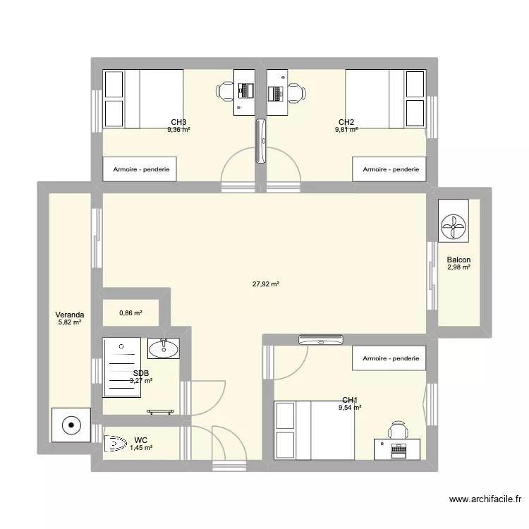 Plan apr&egrave;s. Plan de 9  et 71 m²