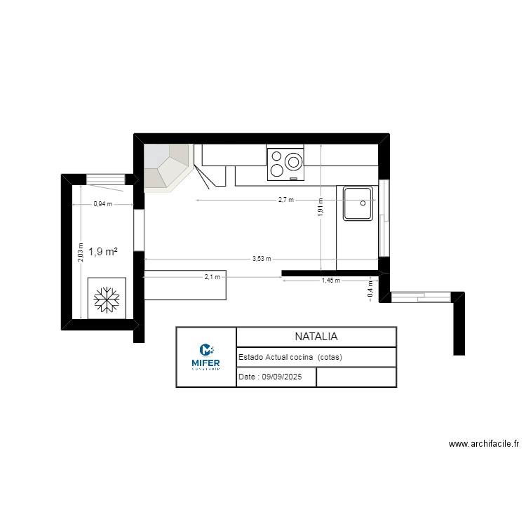 NATALIA  (ESTADO ACTUAL COCINA -- COTAS--). Plan de 1 pièce et 2 m2
