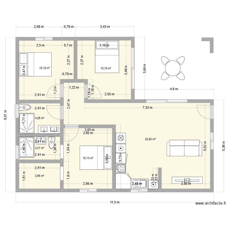 maison 74 m² + terrasse mod 1. Plan de 7 pièces et 74 m2