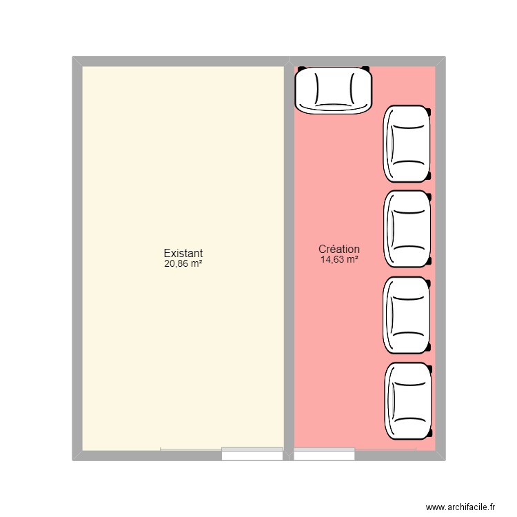 local. Plan de 2 pièces et 35 m2