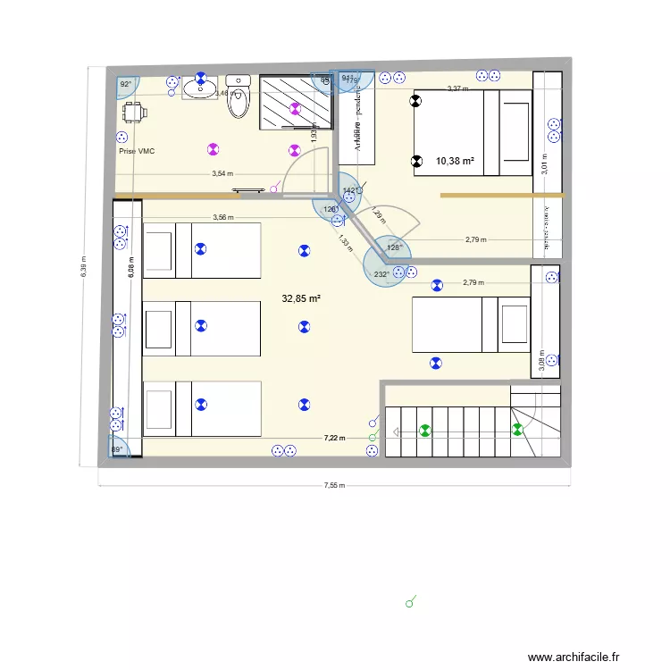 Etage V4-2. Plan de 2 pièces et 43 m²