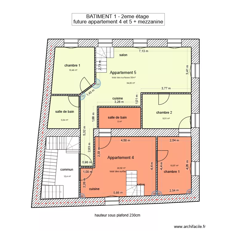 B&acirc;timent 1 am&eacute;nagement 2er &eacute;tage + mezzanine. Plan de 