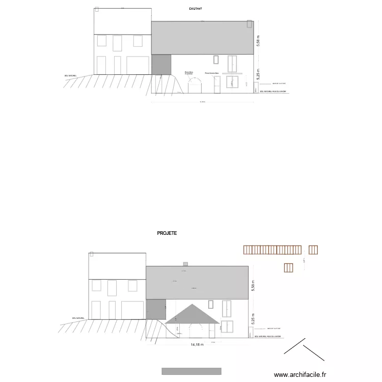 Fa&ccedil;ade Sud Ouest auvent. Plan de 
