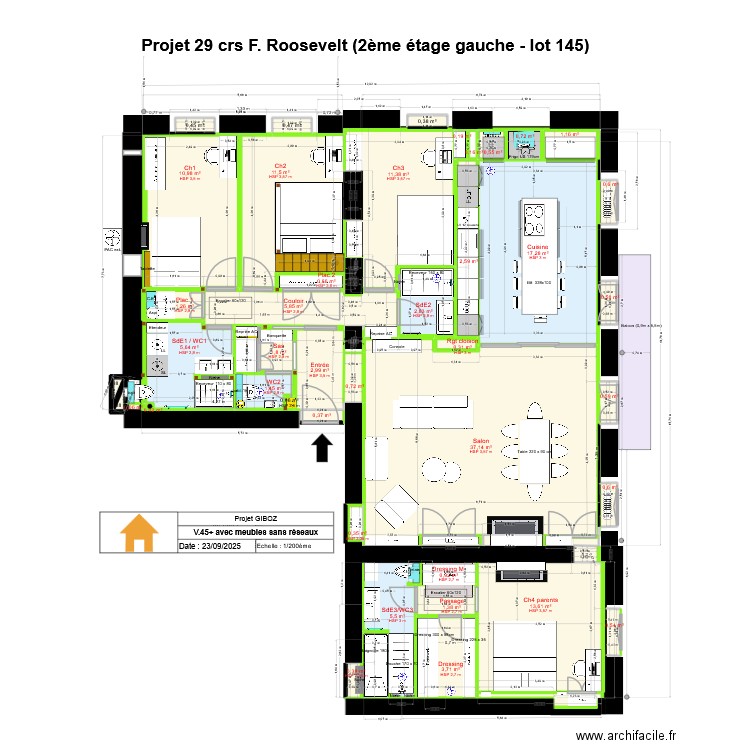 29 crs FR v45+ avec meubles. Plan de 44 pièces et 149 m2