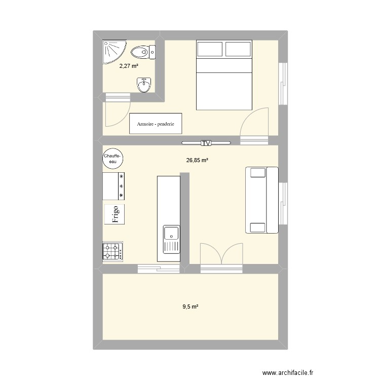 STUDIO 2. Plan de 3 pièces et 39 m2