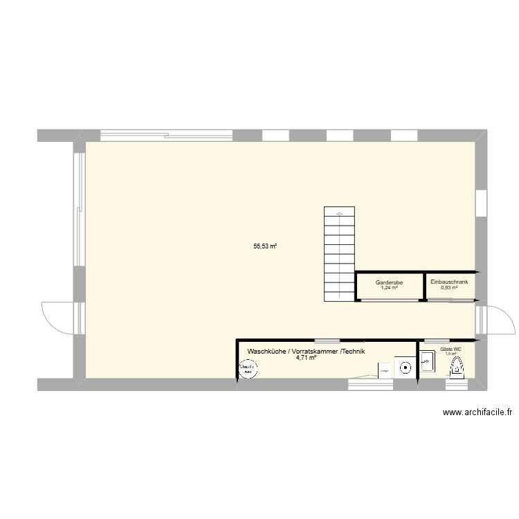 Nouveau rez avec avec nouvelle longueur_ouvert. Plan de 5 pièces et 64 m2