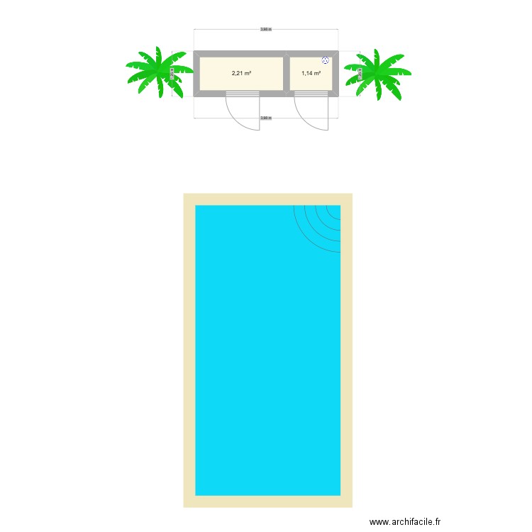 Local piscine. Plan de 2 pièces et 3 m2