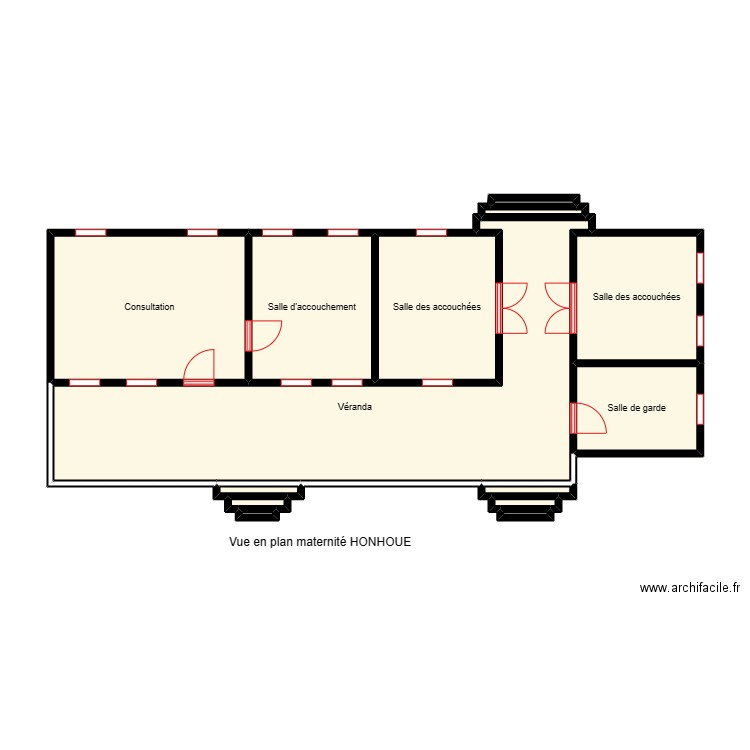 Vue en plan de la maternité de HONHOUE. Plan de 14 pièces et 60 m2