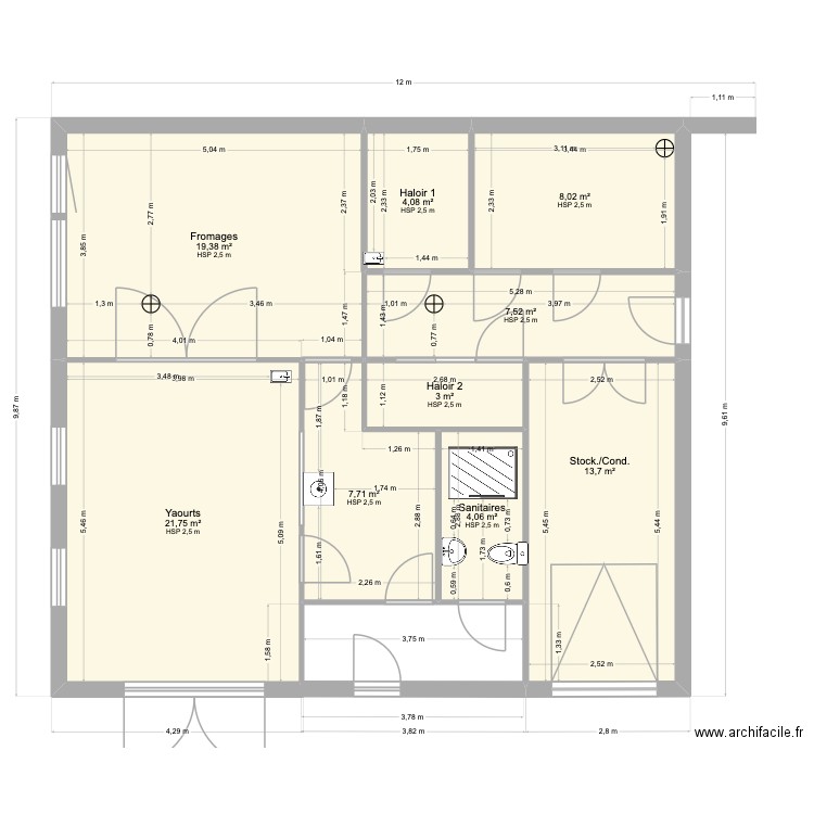 Fromagerie BF1 bis. Plan de 9 pièces et 89 m2