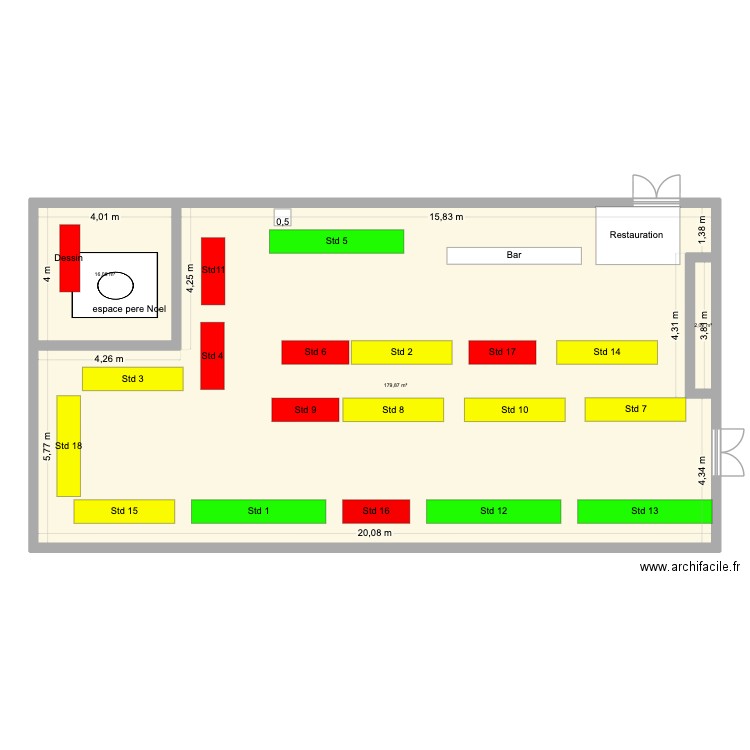 Marché de Noël 2025 salle. Plan de 3 pièces et 198 m2