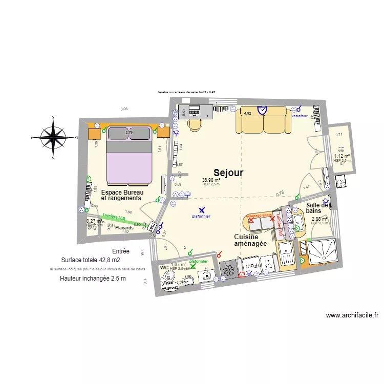 Amouyer apr&egrave;s travaux STUDIO amenag&eacute; 2026 04 18. Plan de 5  et 43 m²