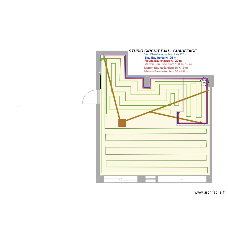 Studio Circuit Eau + Chauffage. Plan de 2 pièces et 38 m2