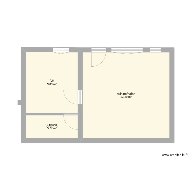 appart RDC côté cours. Plan de 3 pièces et 37 m2