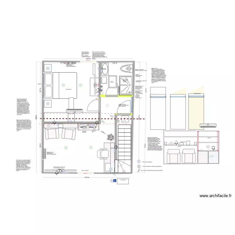 + Projet remise salon cot&eacute; cour Velux + chambre (lit Villeneuve). Plan de 6 Pièces et 38 m²