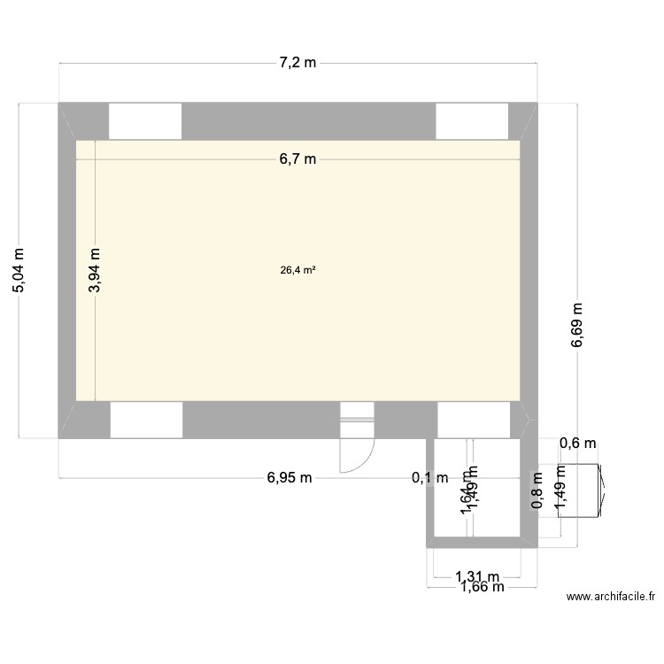 cuisine. Plan de 1 pièce et 26 m2