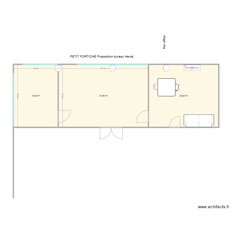 PETIT FORTICHE Bureau Hervé proposition 2. Plan de 3 pièces et 72 m2