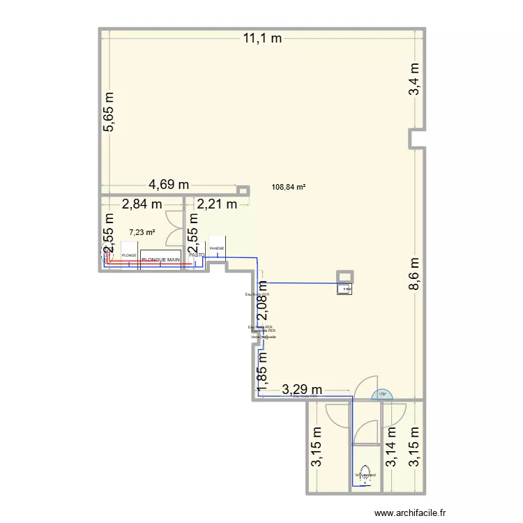 labo plomberie. Plan de 8  et 128 m²