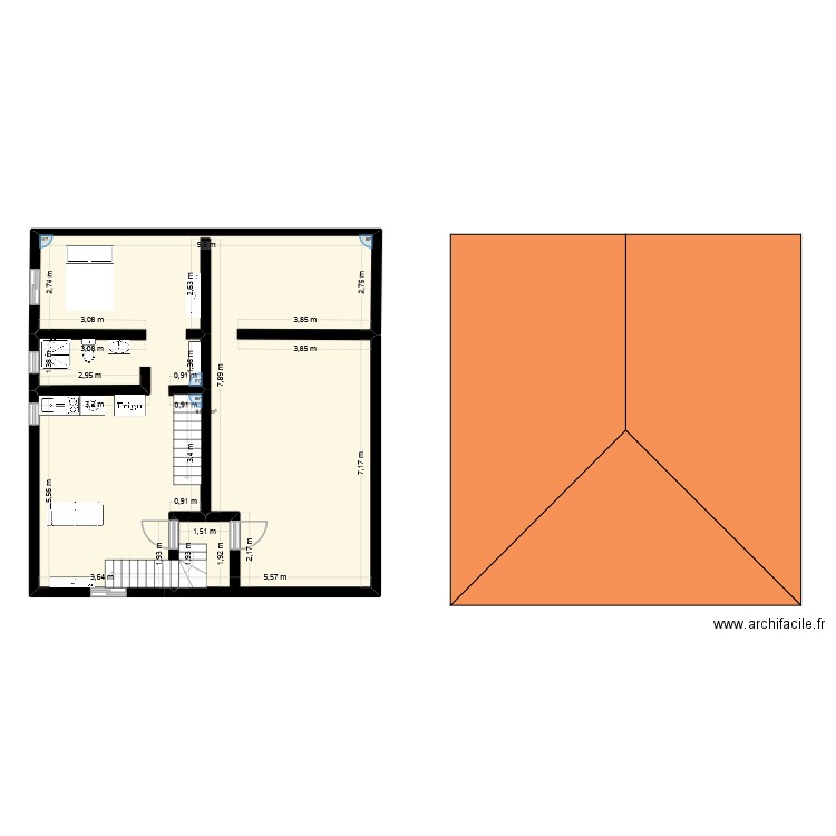 2eme plan longueur 10m/9m. Plan de 1 pièce et 91 m2