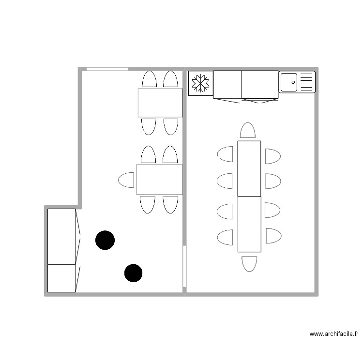 cuisine aménagée. Plan de 2 pièces et 25 m2