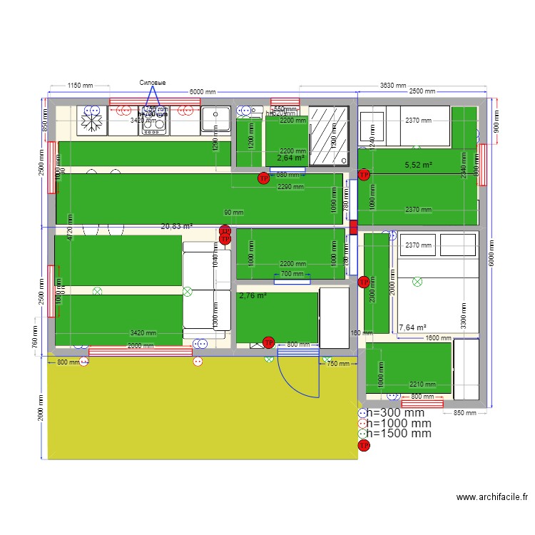 45 55 эл ТП. Plan de 6 pièces et 50 m2