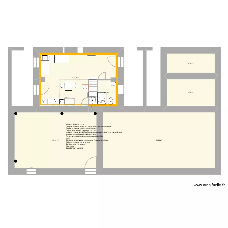 Maison des cochons v2. Plan de 17  et 351 m²