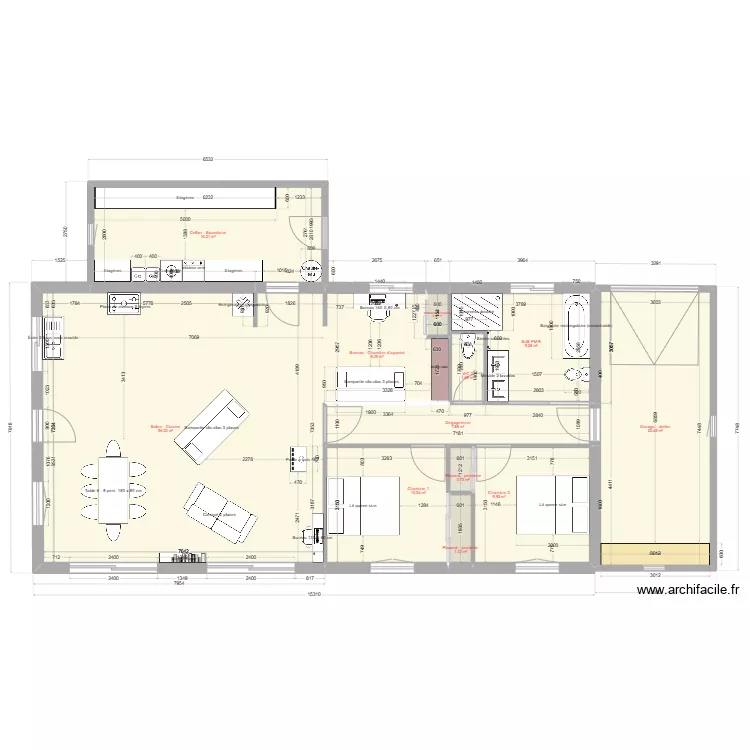 maison en L cellier interieur. Plan de 