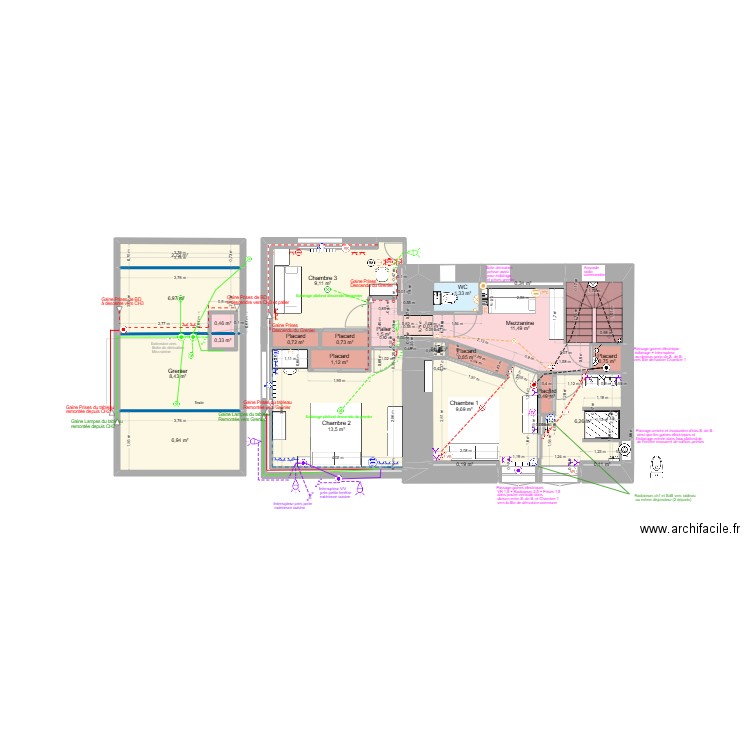 Etage 05-08-2025 variante schéma électrique. Plan de 24 pièces et 84 m2