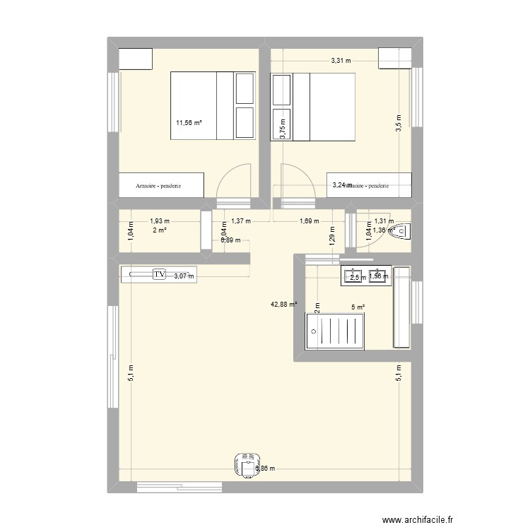 Gîte 2. Plan de 5 pièces et 70 m2