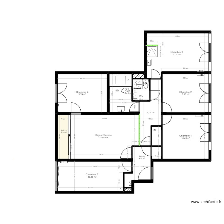 PROJET DJENKAM - PLAN P1. Plan de 14 pièces et 87 m2