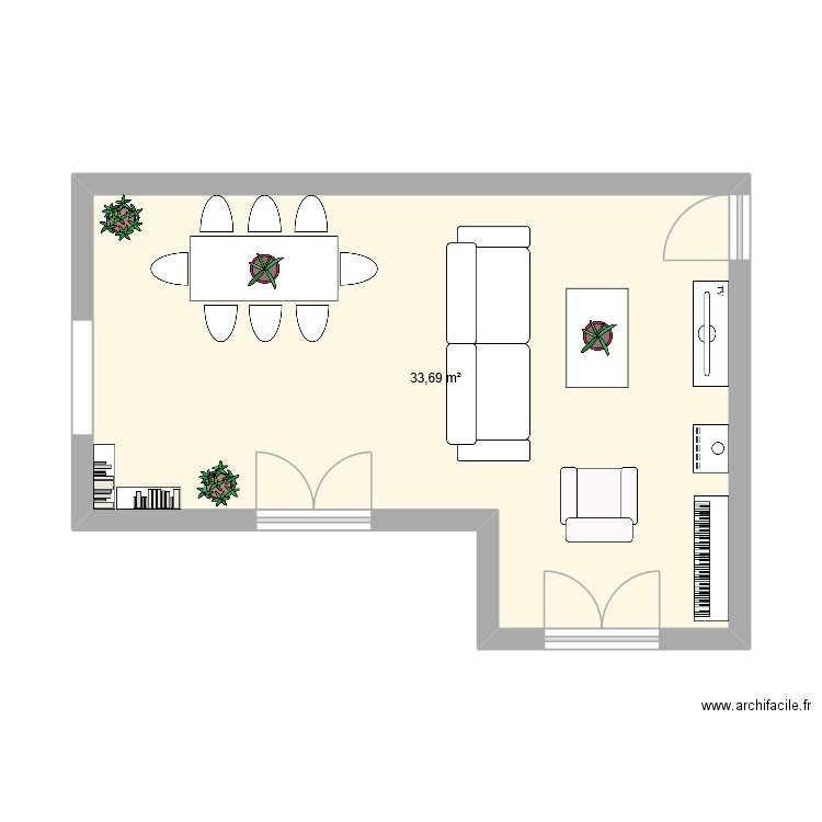 Salon salle à manger Palibe. Plan de 1 pièce et 34 m2