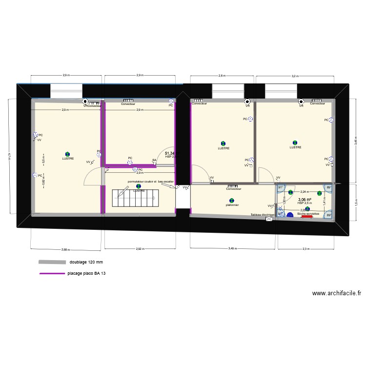 SAUYERES placo murs. Plan de 2 pièces et 54 m2