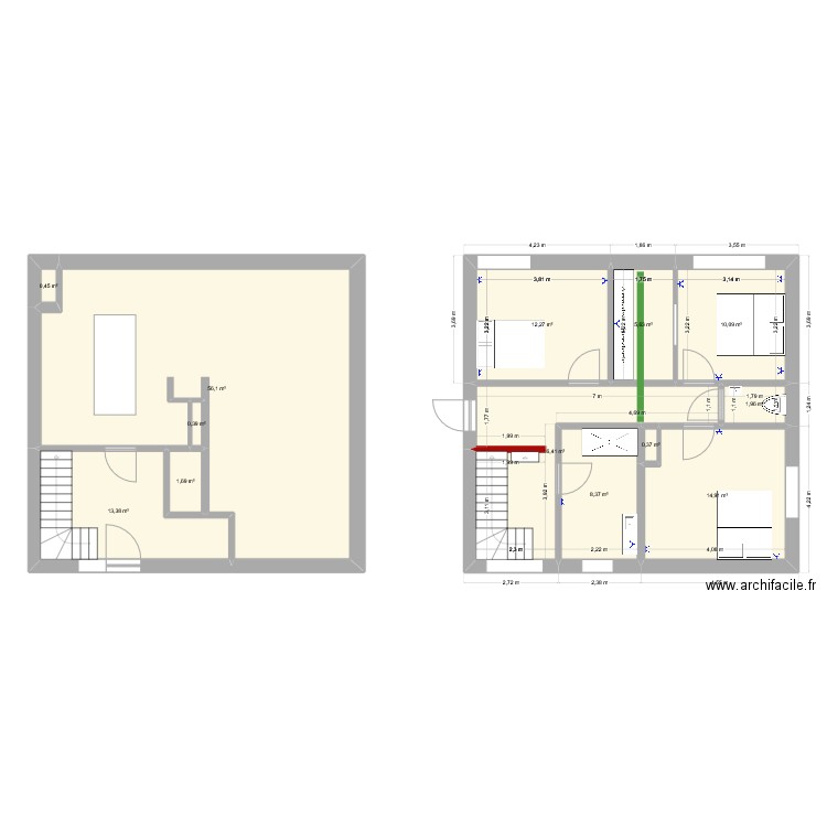 modif du haut + hall bas. Plan de 13 pièces et 142 m2