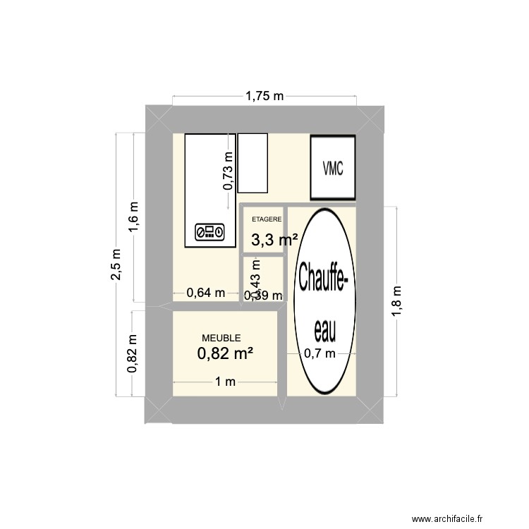 cuisine. Plan de 2 pièces et 4 m2