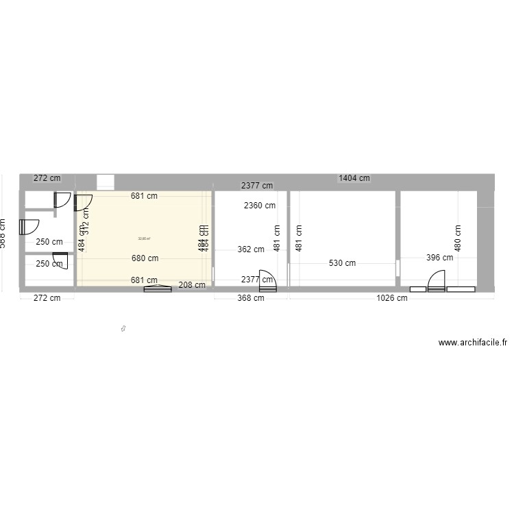 RECTANGLE plan général avec cotes. Plan de 1 pièce et 33 m2