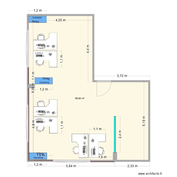 Bureau_PCL. Plan de 1 pièce et 60 m2