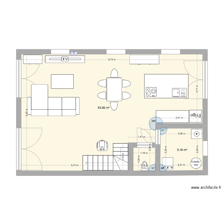rdc. Plan de 2 pièces et 59 m2