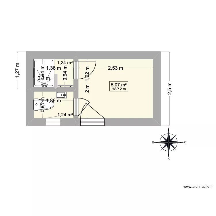 SdB. Plan de 3 pièces et 8 m²